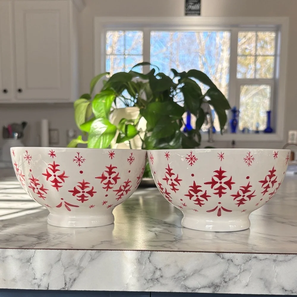 Crate & Barrel Footed Red and White Bowls